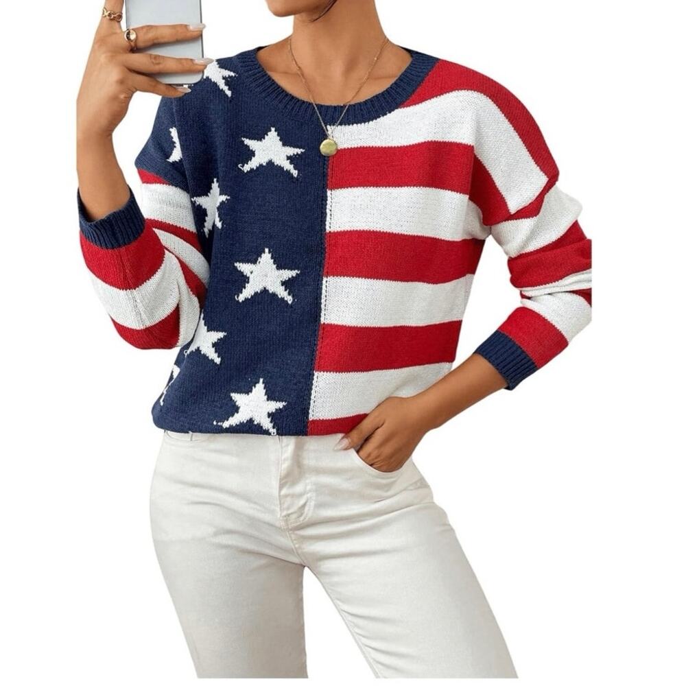 American Flag Patriotic Flag USA Striped Star Pullover Sweater size Large - Picture 5 of 10